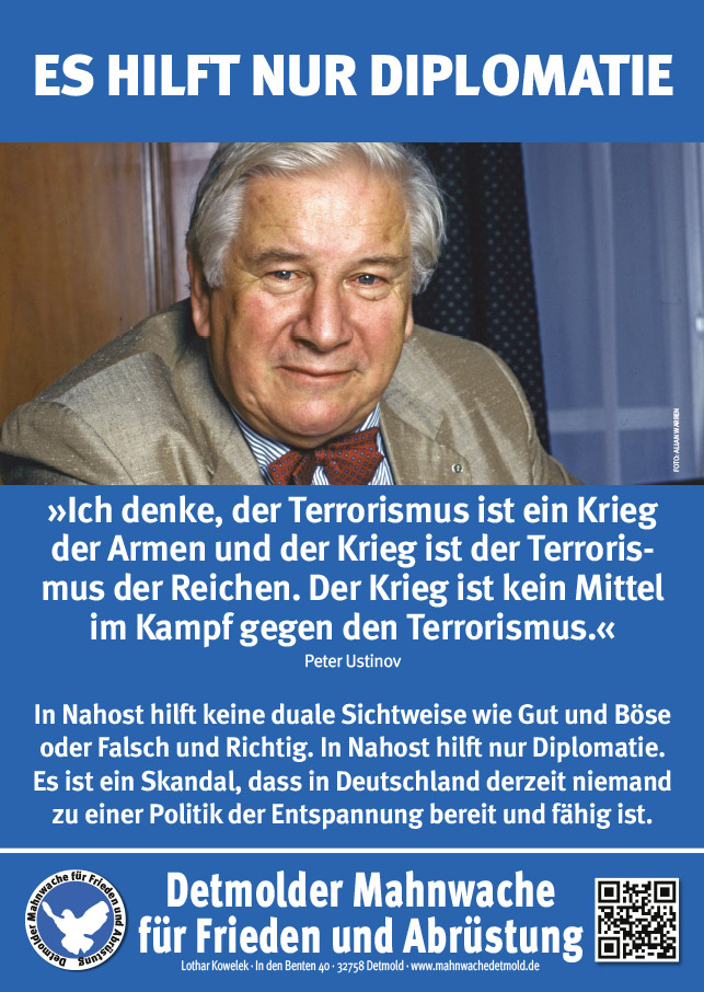 Plakat der Detmolder Mahnwache: »Es hilft nur Diplomatie«